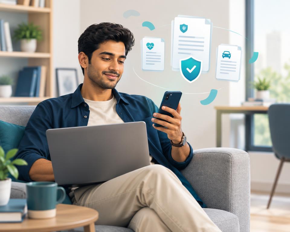 Relaxed customer managing insurance policies on phone and laptop